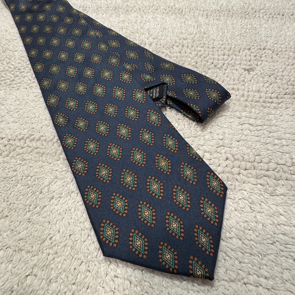 Vintage ClayBrooke Tie‎ Blue Green Geometric Monogram Medallion Foulard Silk